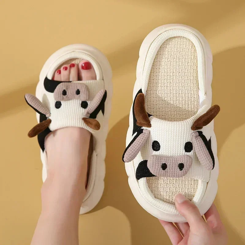 Cute Cartoon Cow Linen Slippers
