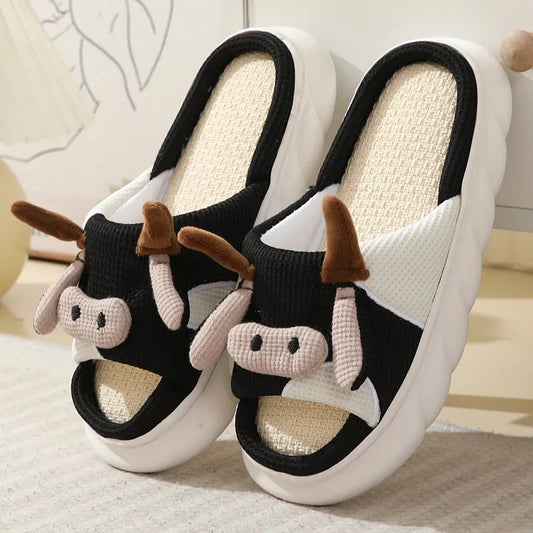 Cute Cartoon Cow Linen Slippers